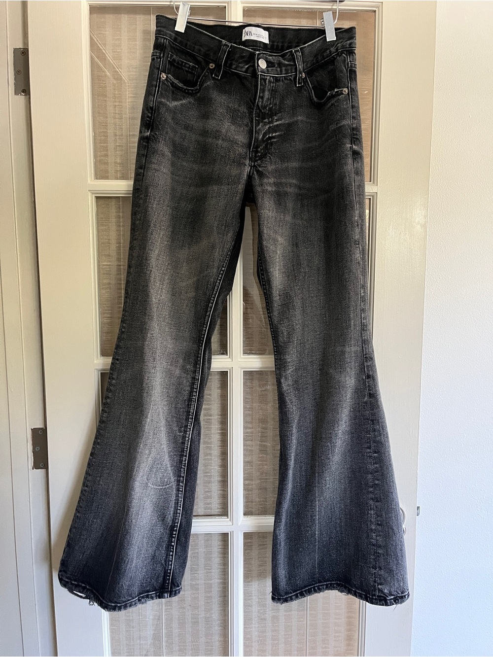 Zara mid rise wide leg black washed flare jeans